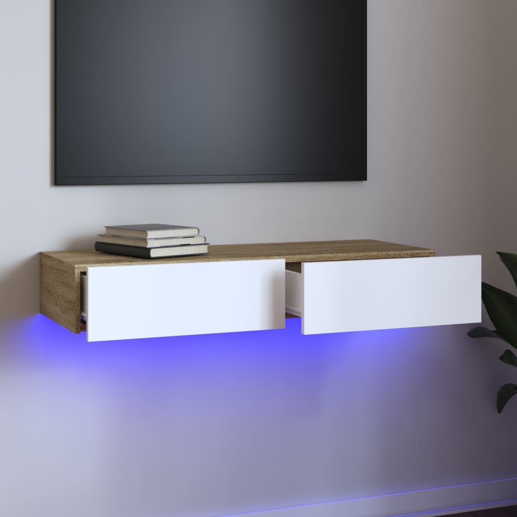 vidaXL Mueble de TV con luces LED blanco y roble Sonoma 90x35x15,5 cm