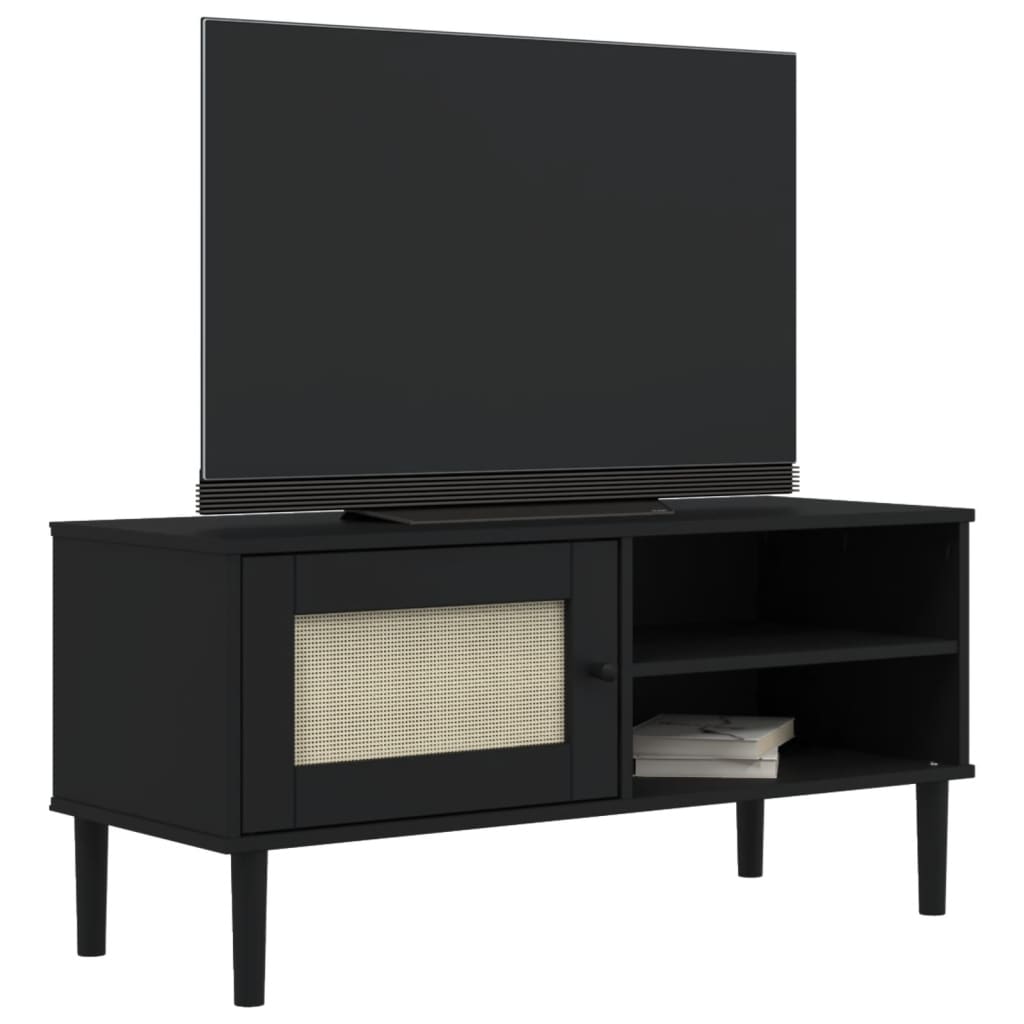 vidaXL Mueble de TV SENJA aspecto ratán madera pino negro 106x40x49 cm