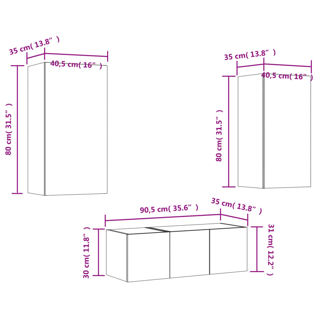 vidaXL Muebles TV pared con LED 4 pzas madera ingeniería gris Sonoma