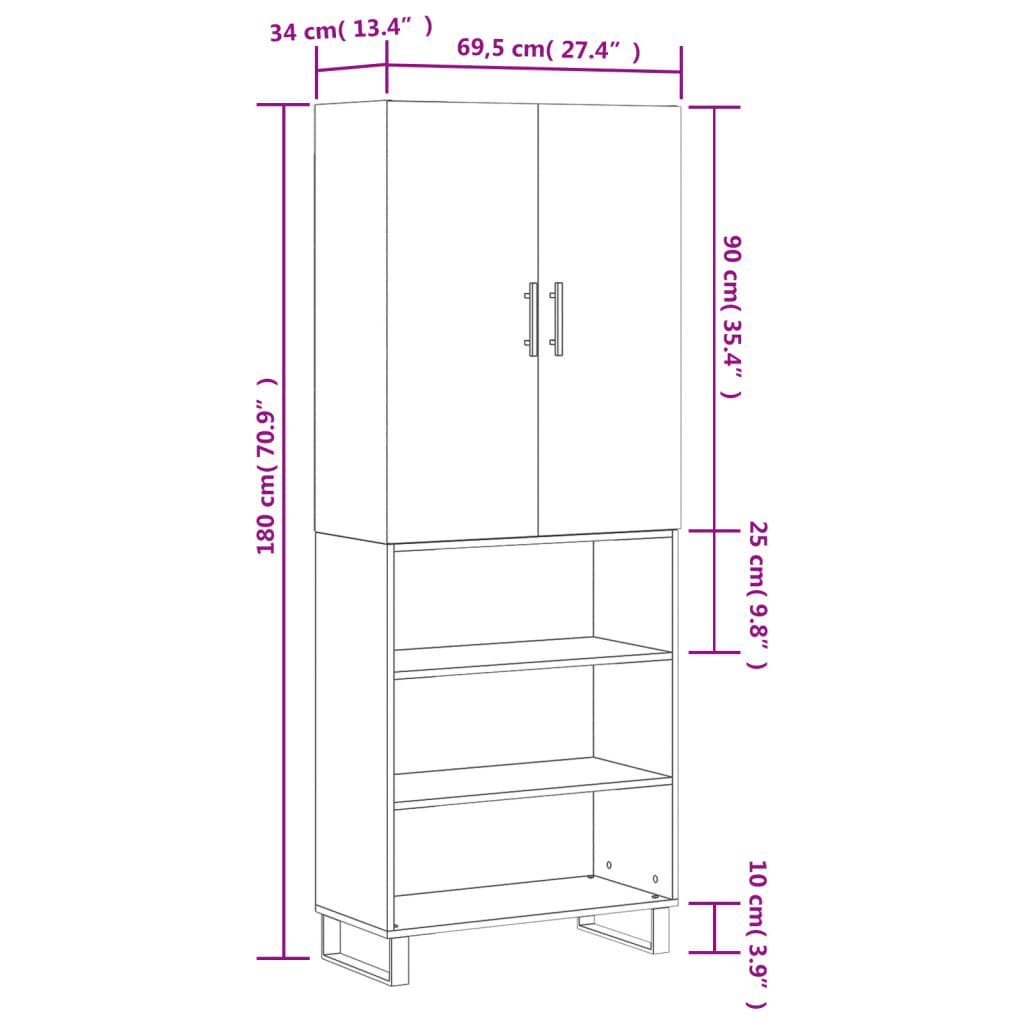 vidaXL Aparador alto madera contrachapada blanco brillo 69,5x34x180 cm