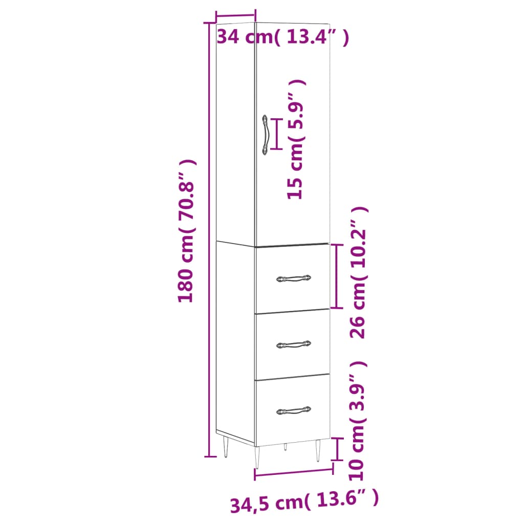 vidaXL Aparador alto madera contrachapada blanco brillo 34,5x34x180 cm