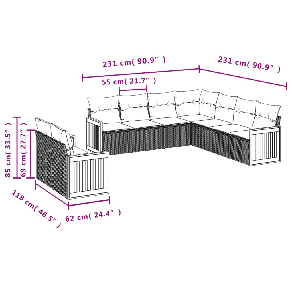 vidaXL Set de muebles de jardín 9 pzas y cojines ratán sintético gris