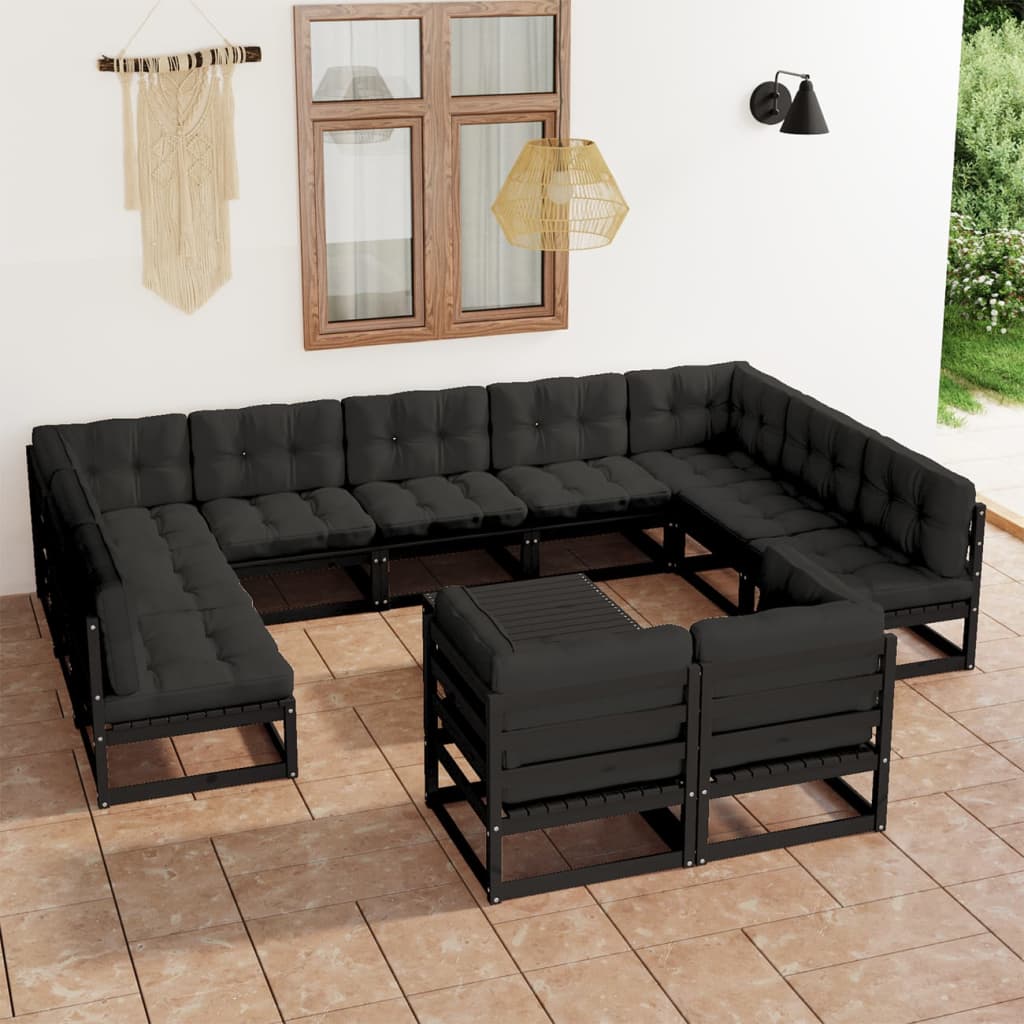 vidaXL Set de muebles de jardín 12 pzas con cojines madera pino negro