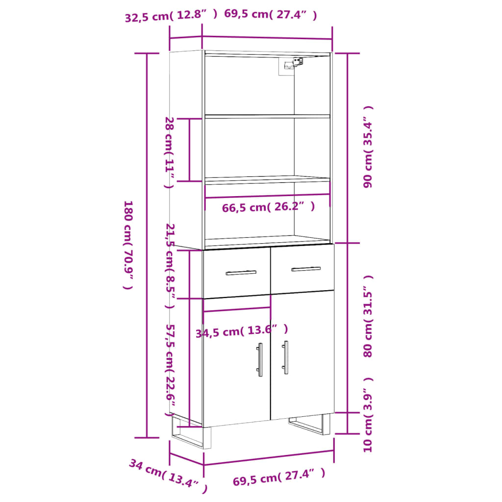 vidaXL Aparador alto madera contrachapada gris sonoma 69,5x34x180 cm