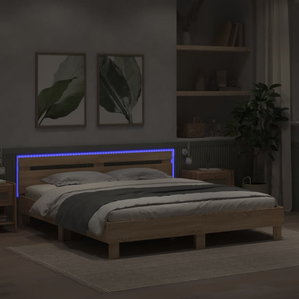 vidaXL Estructura de cama cabecero y luces LED roble Sonoma 200x200 cm