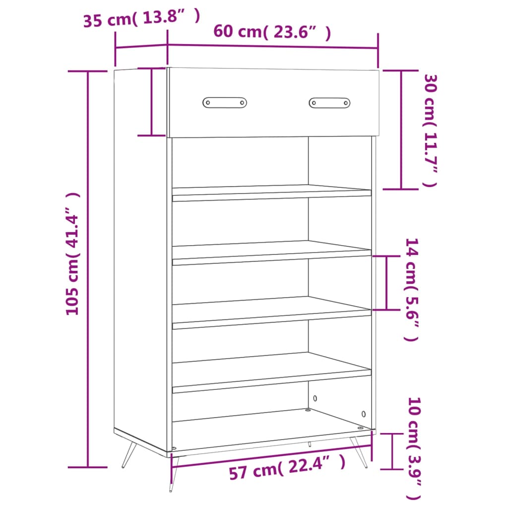 vidaXL Mueble zapatero madera contrachapada blanco brillo 60x35x105 cm