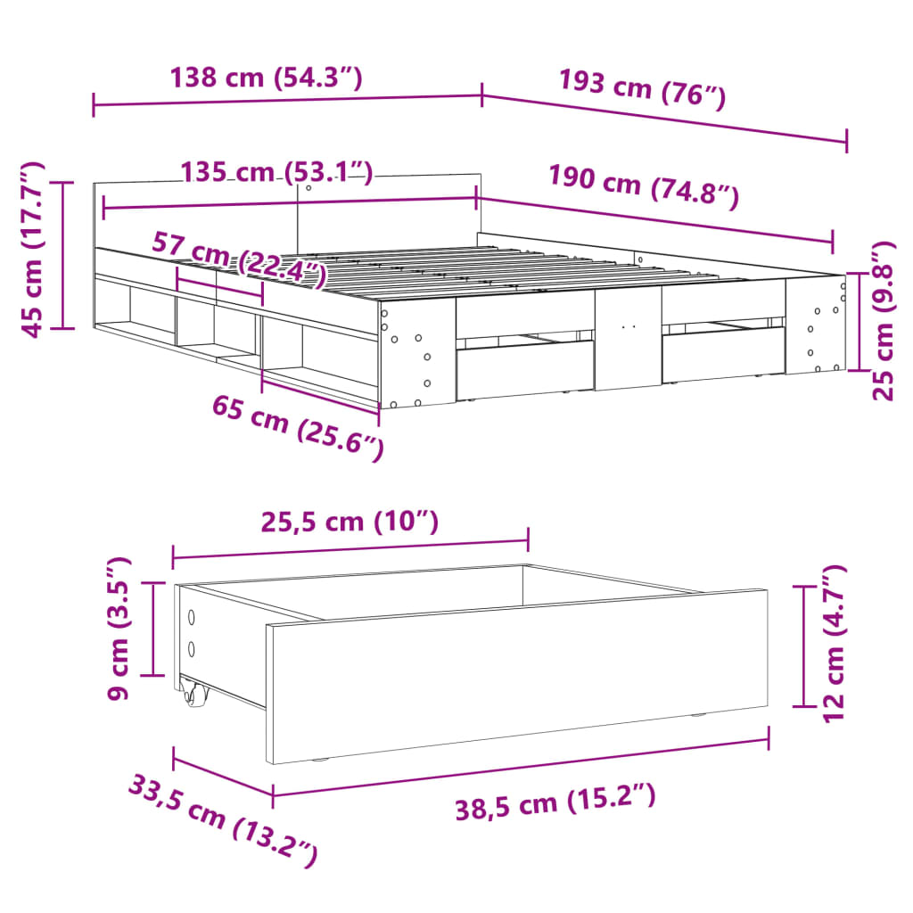 vidaXL Cama con cajones madera de ingeniería negro 135x190 cm