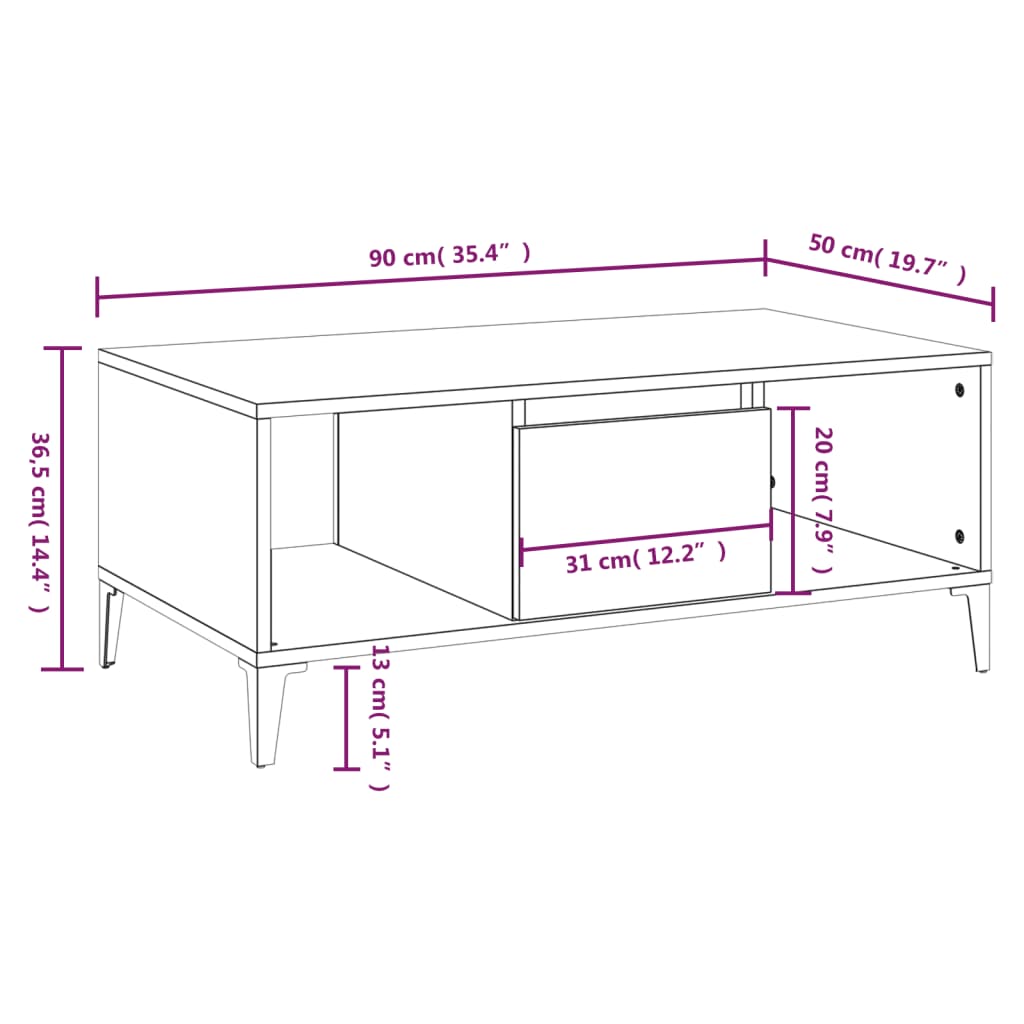 vidaXL Mesa de centro madera contrachapada roble Sonoma 90x50x36,5 cm