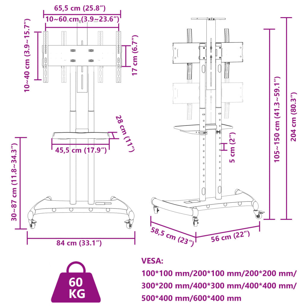 vidaXL Soporte TV con ruedas pantalla 32-70'' Max VESA 600x400mm 60kg