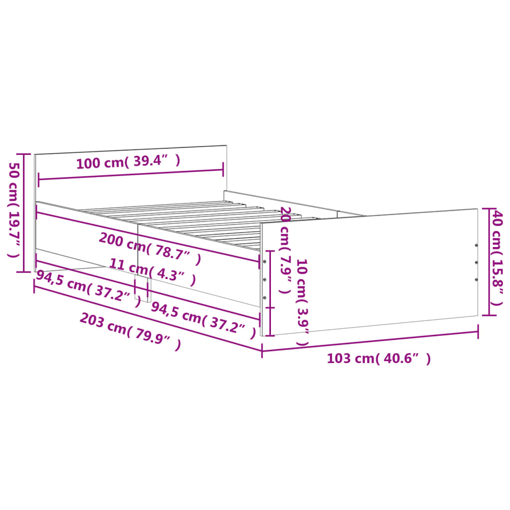 vidaXL Estructura de cama madera de ingeniería gris Sonoma 100x200 cm