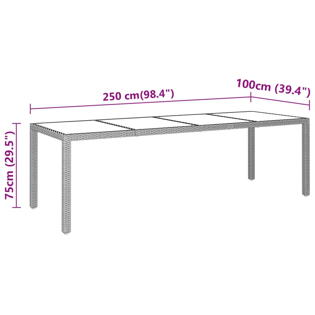 vidaXL Mesa jardín vidrio templado ratán sintético negro 250x100x75 cm