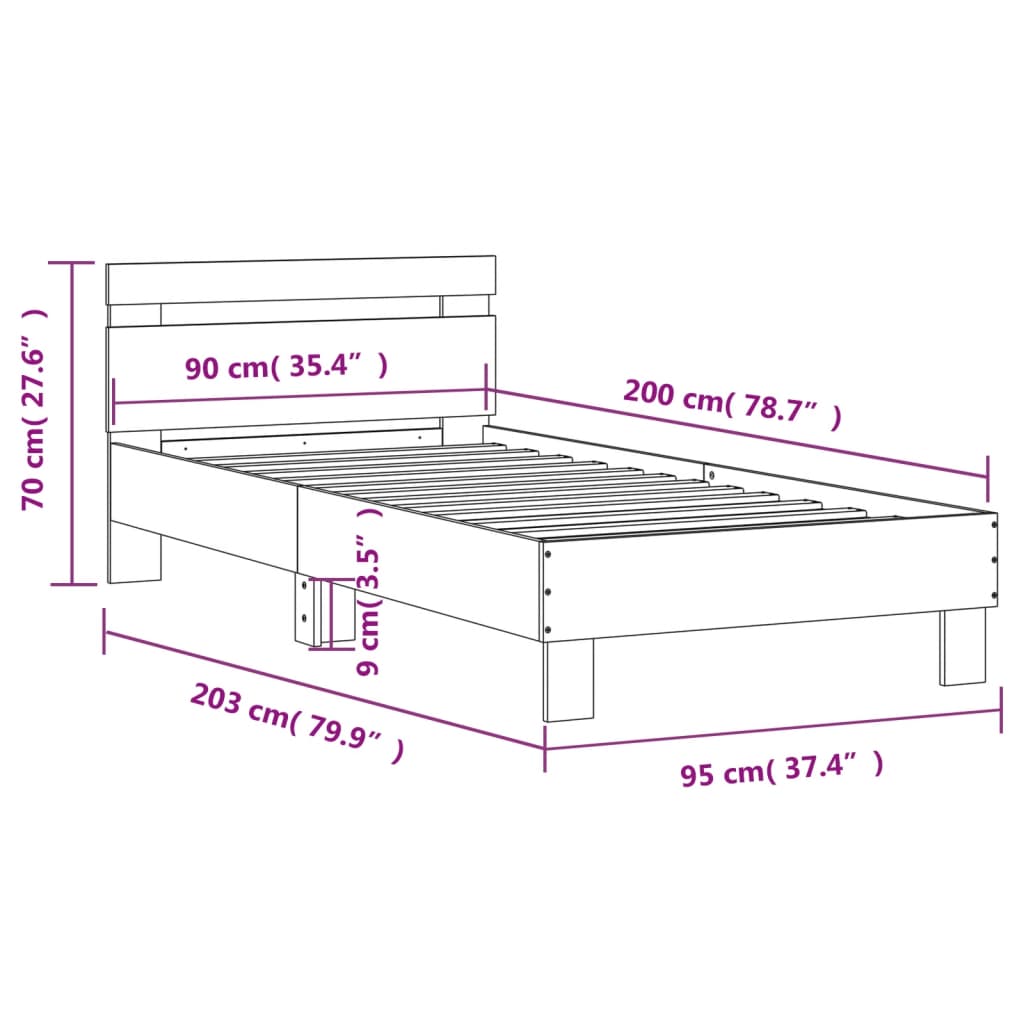 vidaXL Estructura de cama cabecero luces LED roble Sonoma 90x200 cm