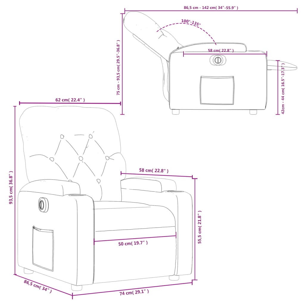 vidaXL Sillón reclinable eléctrico de cuero sintético gris