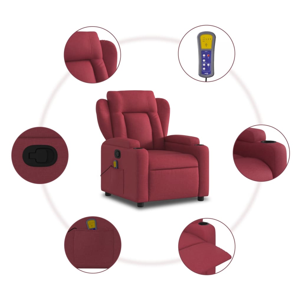 vidaXL Sillón de masaje reclinable de tela color vino tinto