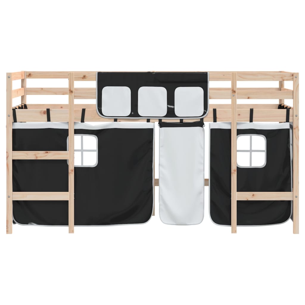 vidaXL Cama alta niños con cortinas madera pino blanco negro 80x200 cm