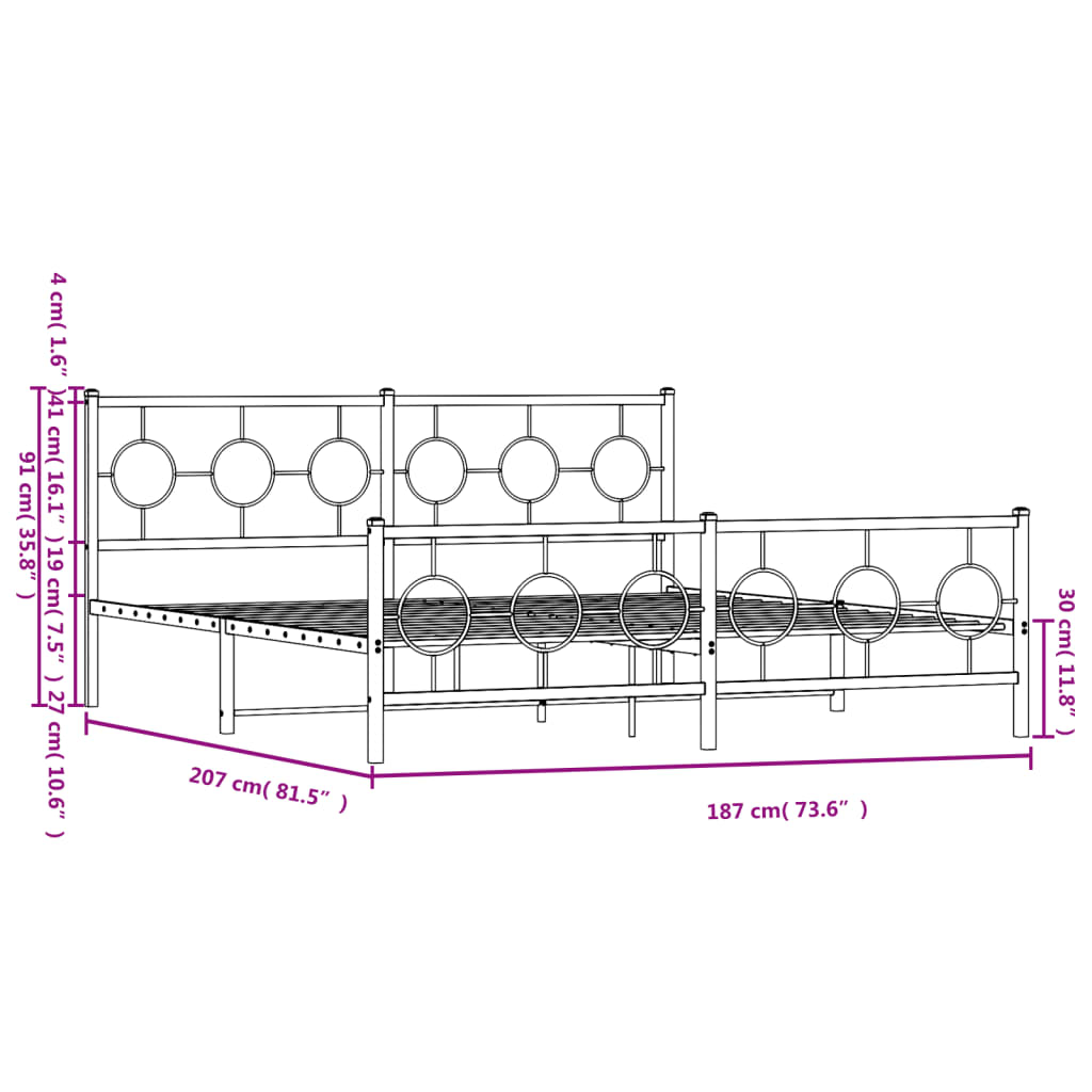 vidaXL Estructura cama sin colchón con estribo metal negro 180x200 cm