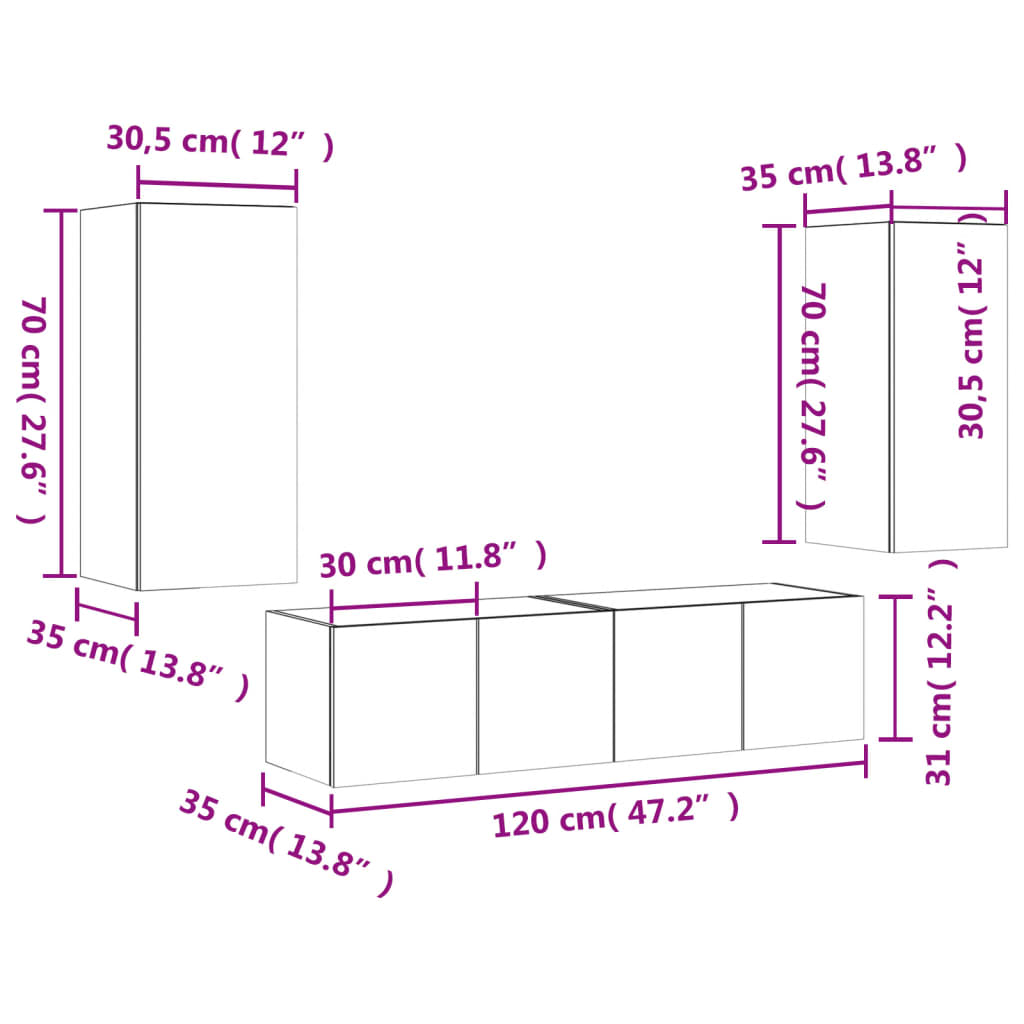 vidaXL Muebles de TV de pared con LED 4 pzas madera ingeniería negro