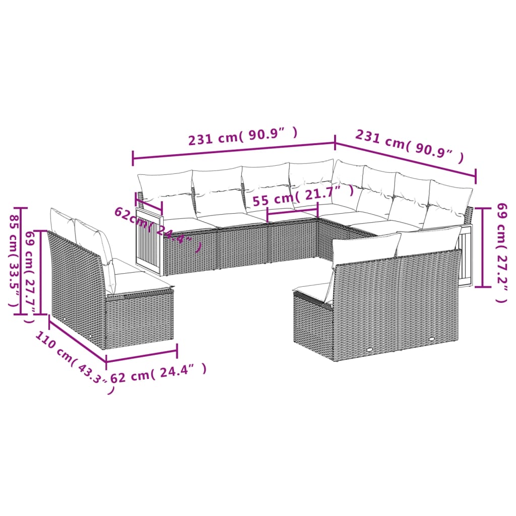 vidaXL Set de sofás de jardín 11 pzas y cojines ratán sintético gris