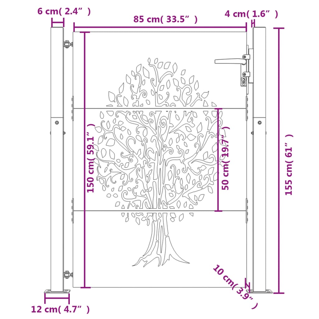 vidaXL Puerta de jardín acero corten diseño árbol 105x155 cm