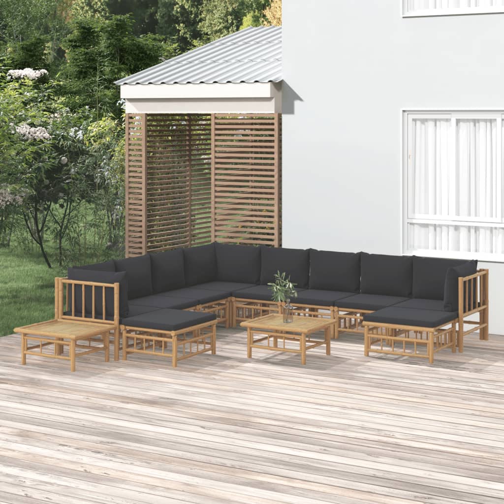 vidaXL Set de muebles de jardín 12 pzas bambú con cojines gris oscuro