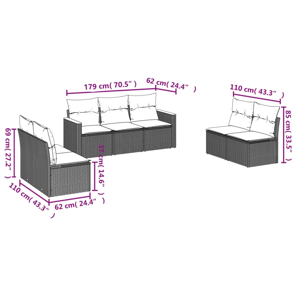 vidaXL Set de comedor de jardín 7 pzas y cojines ratán sintético negro