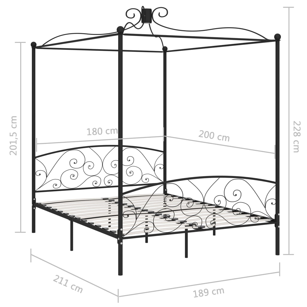 vidaXL Estructura de cama con dosel sin colchón metal negro 180x200 cm