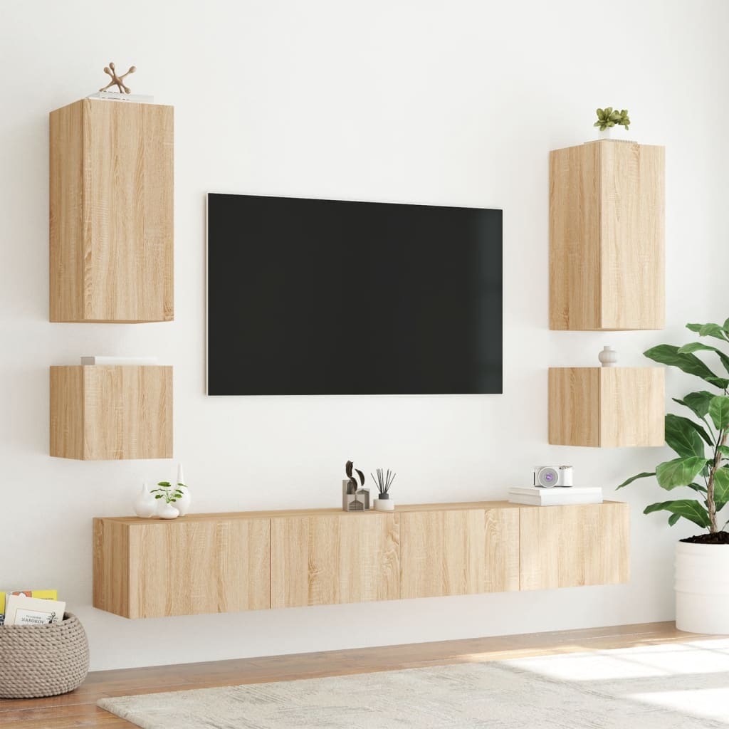 vidaXL Muebles de TV de pared con luces LED 6 piezas roble Sonoma