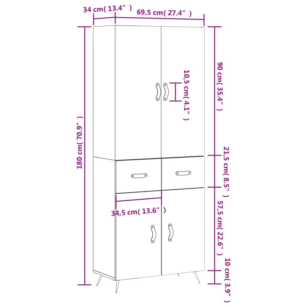 vidaXL Aparador alto madera contrachapada gris hormigón 69,5x34x180 cm