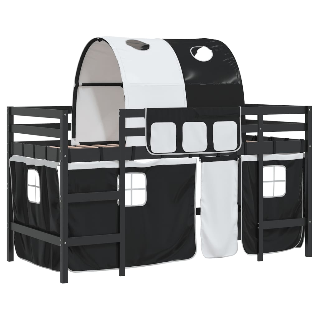 vidaXL Cama alta niños con túnel madera pino blanco negro 90x200 cm