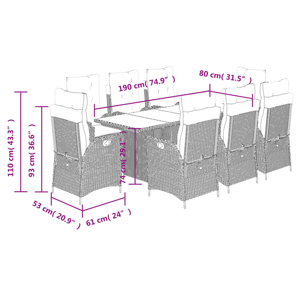 vidaXL Set comedor jardín 9 pzas y cojines ratán sintético gris