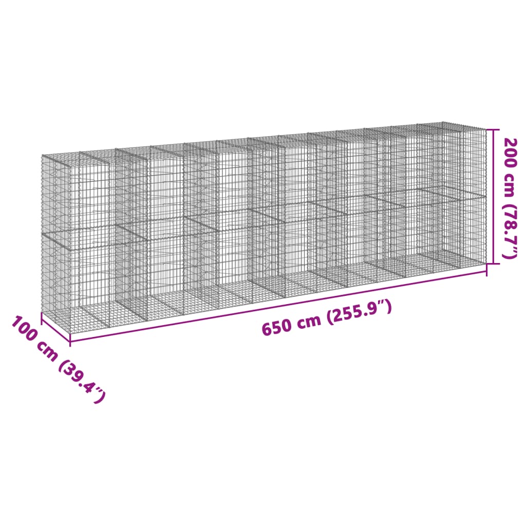 vidaXL Cesta de gaviones con cubierta hierro galvanizado 650x100x200cm