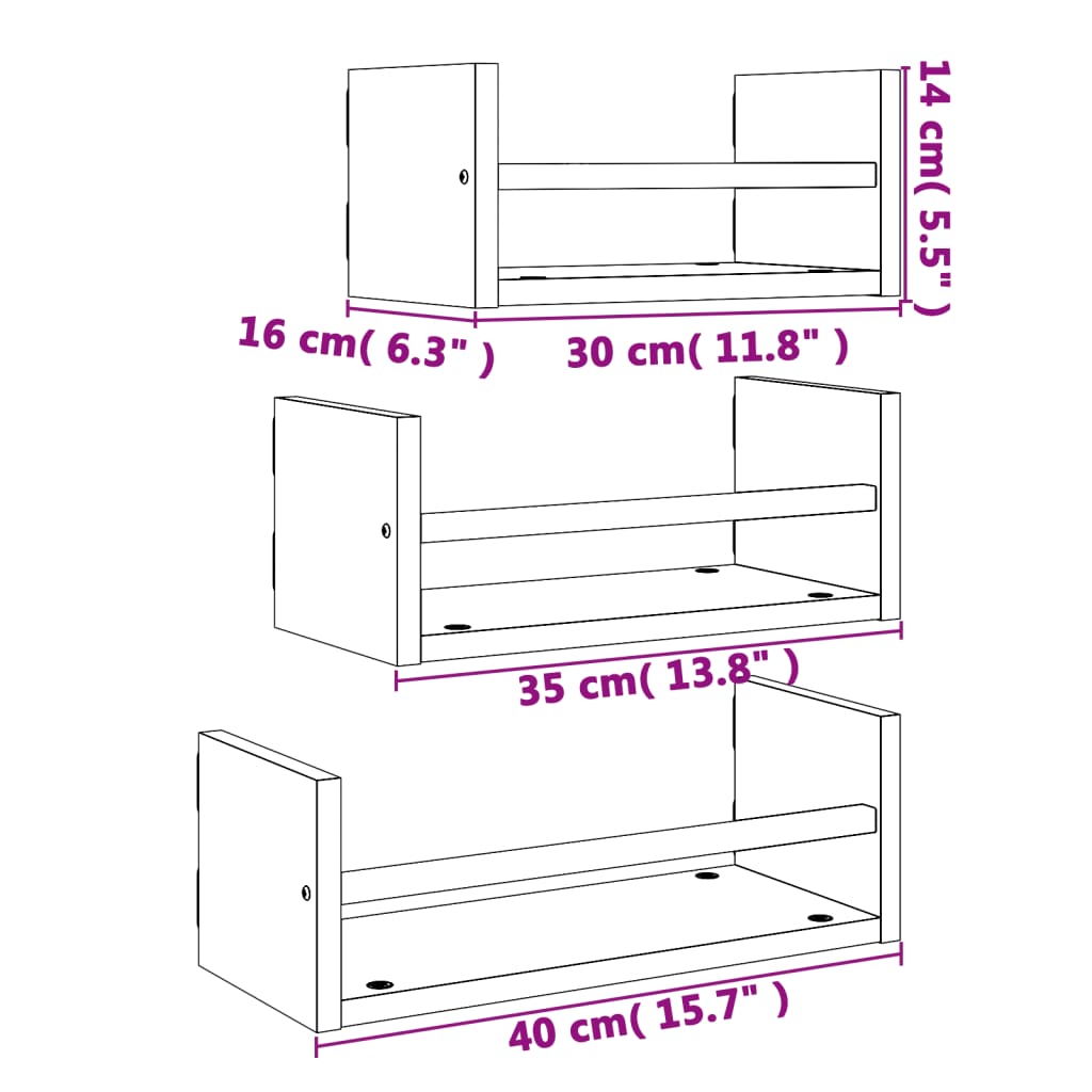 vidaXL Estantes pared con barras 3 pzas madera ingeniería gris Sonoma