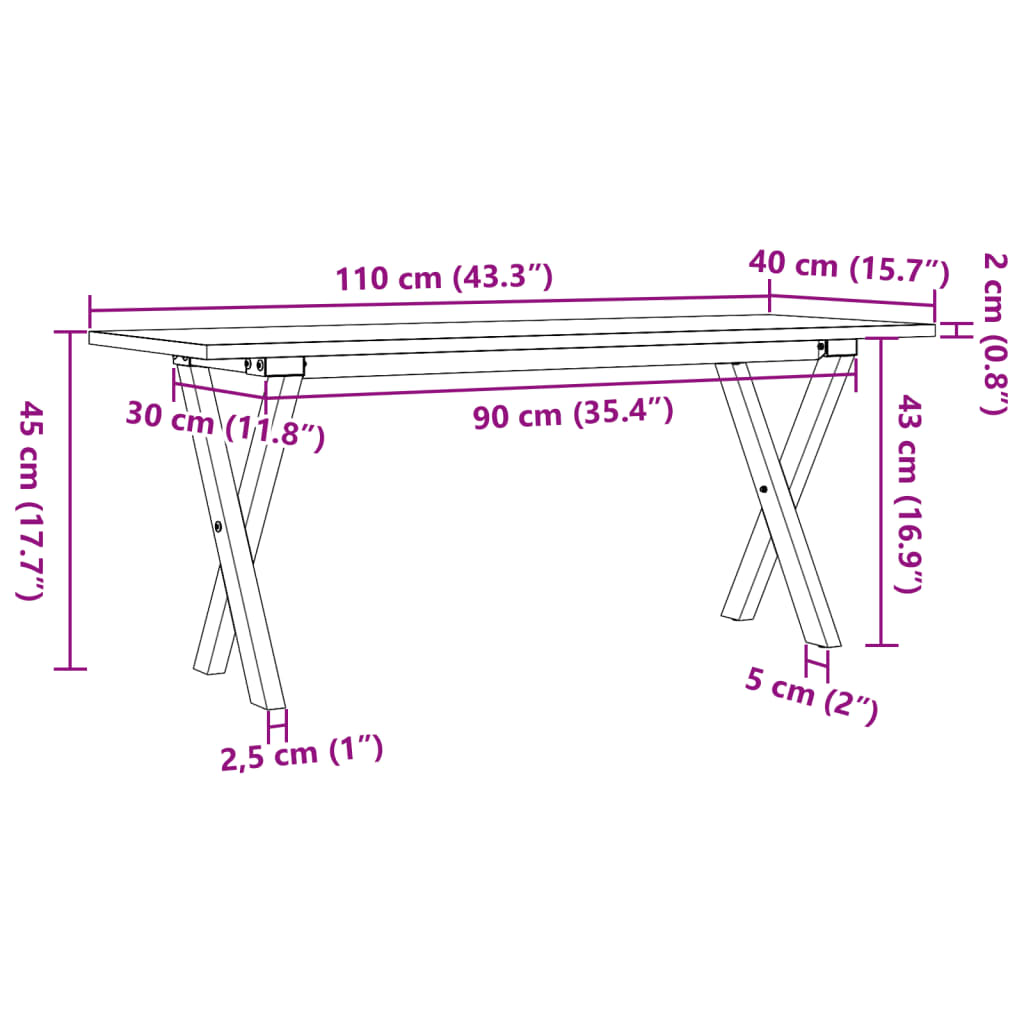 vidaXL Mesa de centro marco X madera maciza pino y hierro 110x40x45 cm