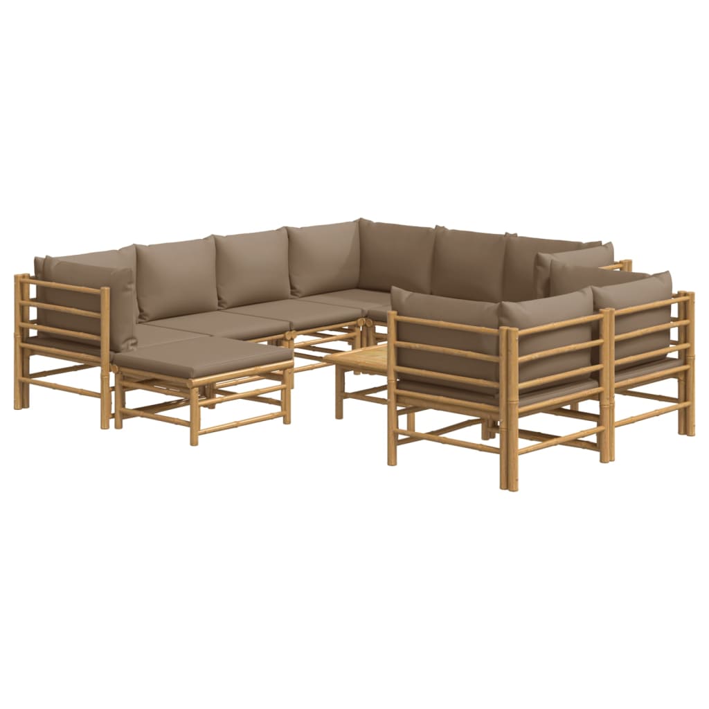 vidaXL Set de muebles de jardín 10 piezas bambú y cojines gris taupé