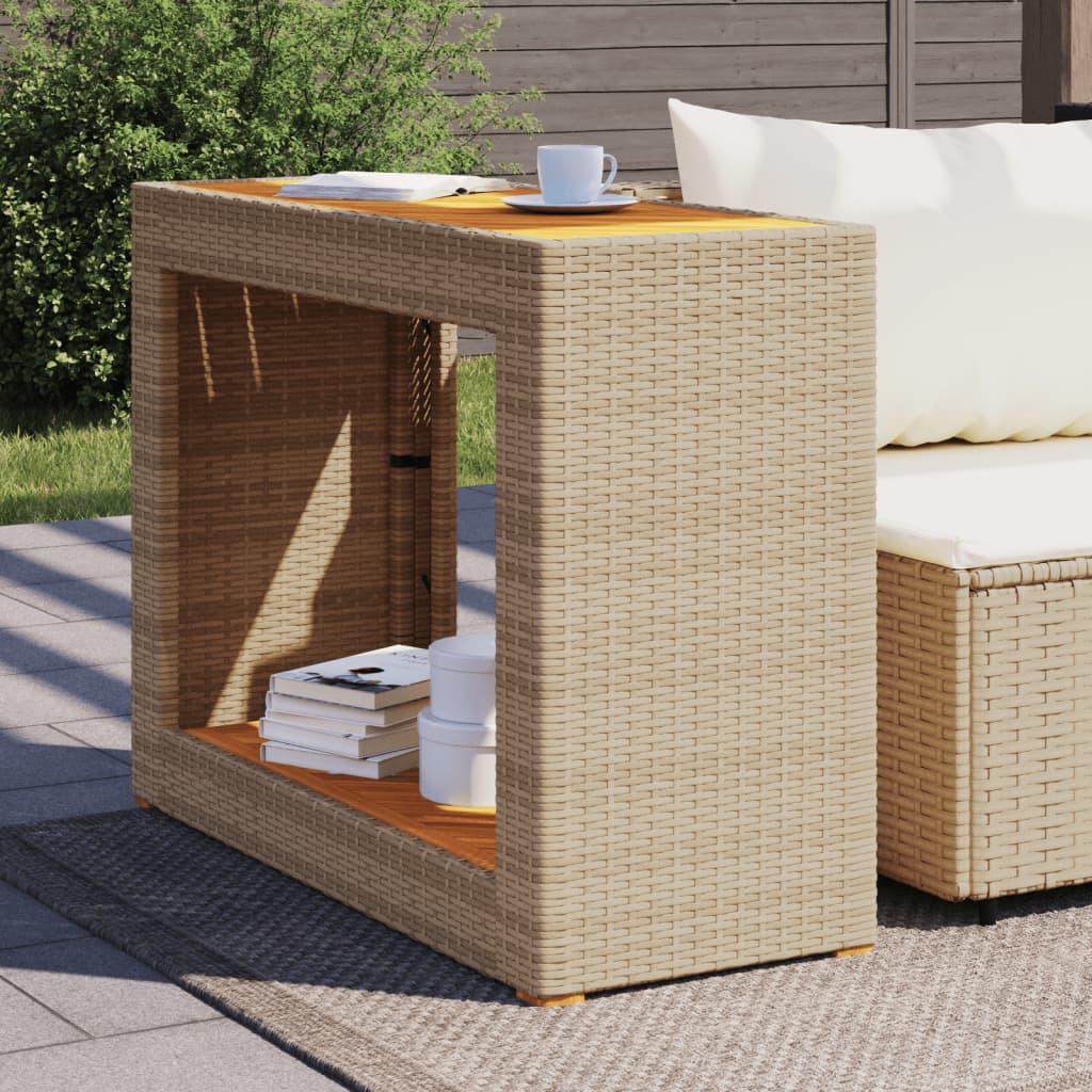 vidaXL Mesa auxiliar jardín tapa madera ratán PE beige 100x40x75 cm