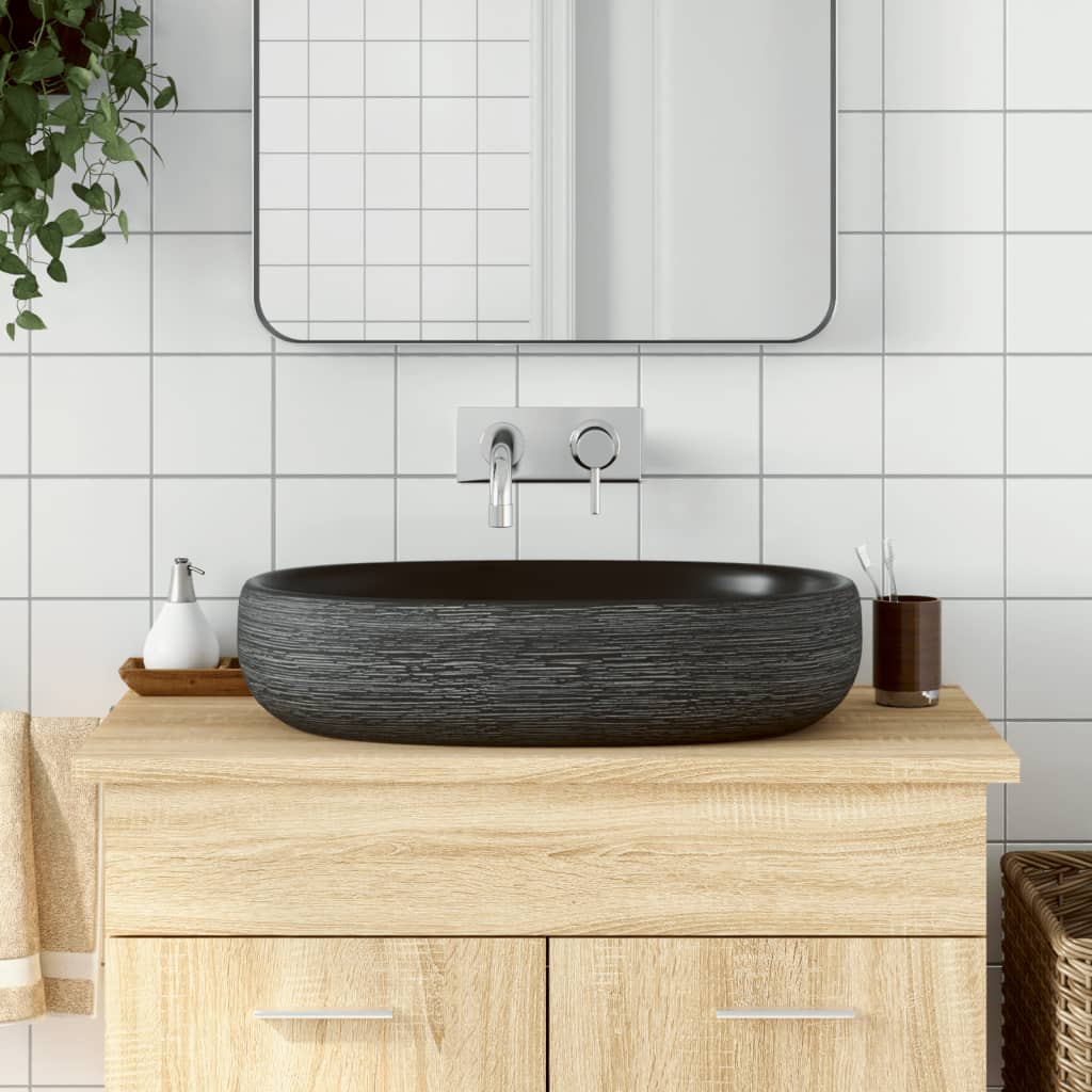 vidaXL Lavabo sobre encimera ovalado cerámica gris y negro 59x40x14 cm