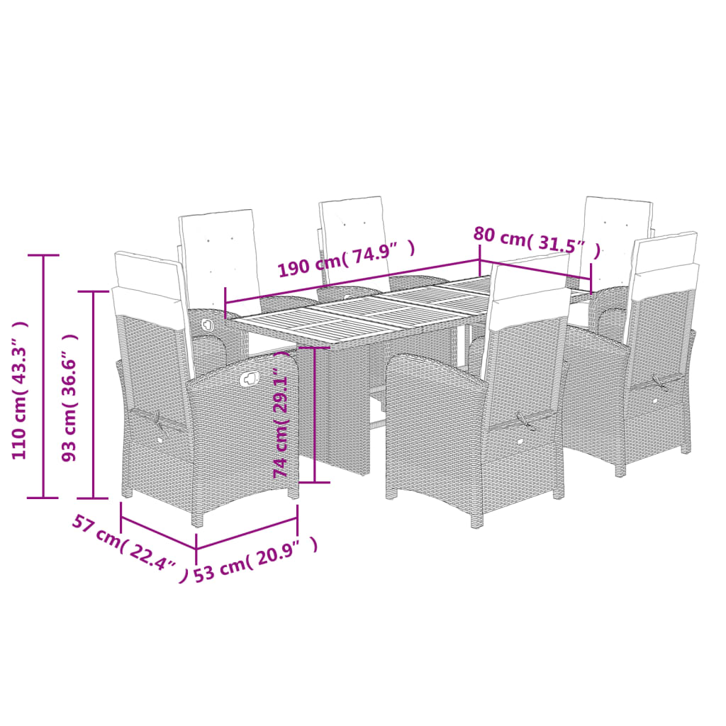 vidaXL Set comedor jardín 7 pzas y cojines ratán sintético gris