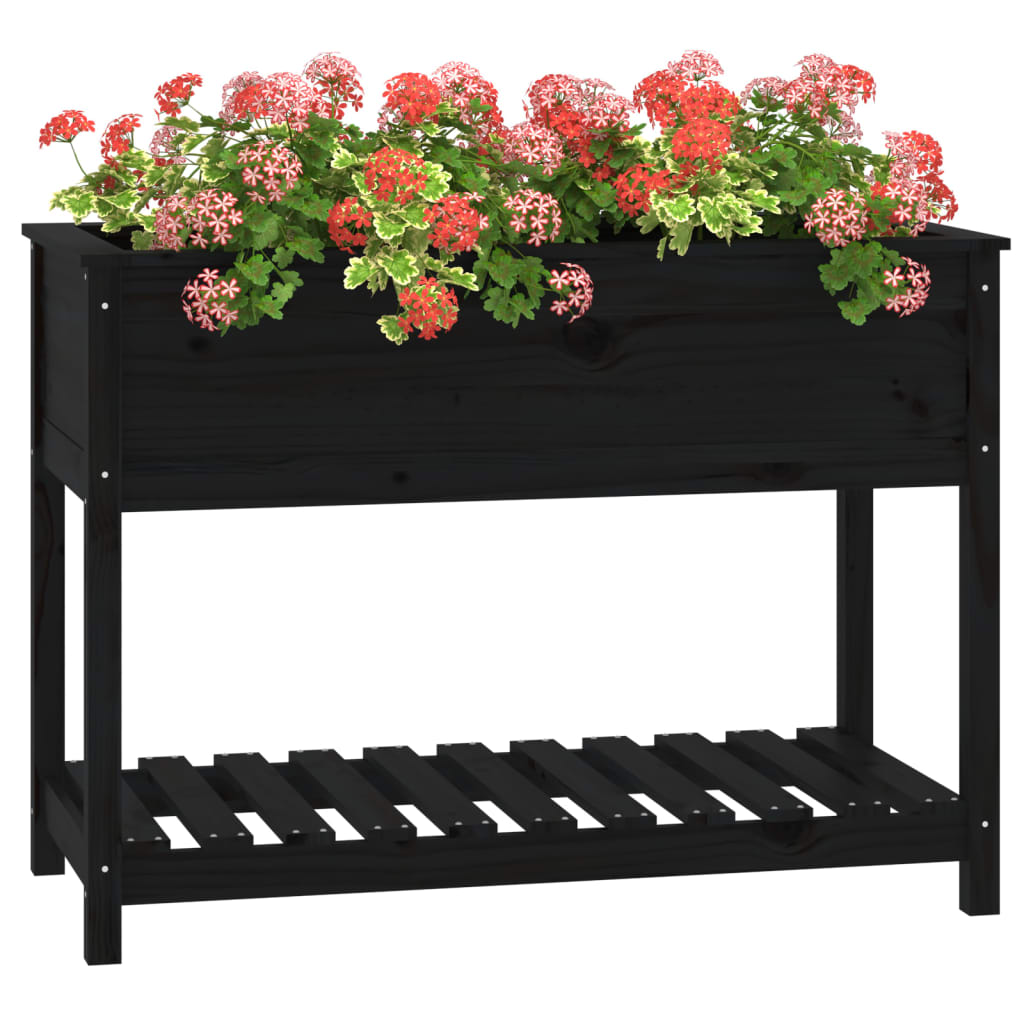 vidaXL Jardinera con estante madera maciza pino negra 111,5x54x81 cm