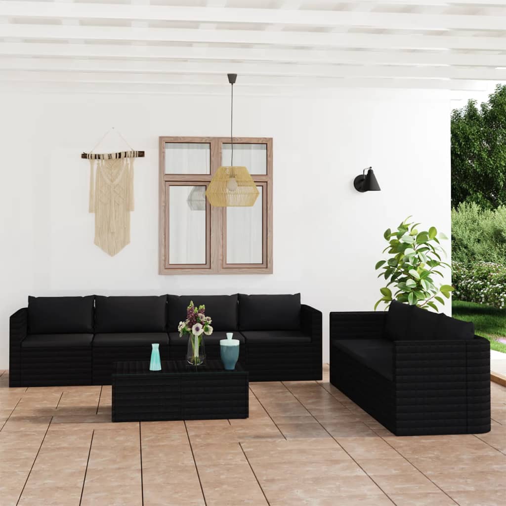 vidaXL Set muebles de jardín 8 piezas y cojines ratán sintético negro