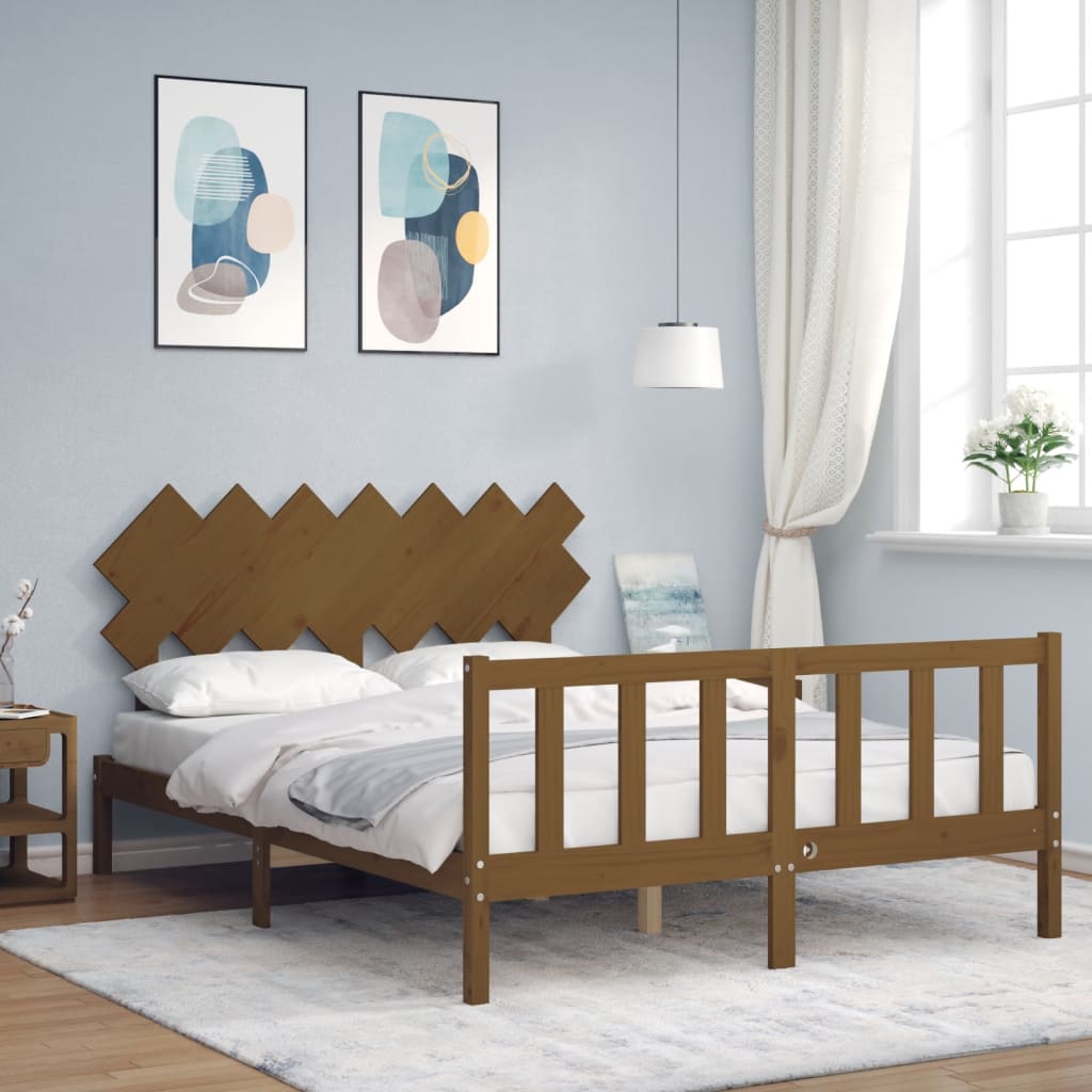 vidaXL Estructura de cama matrimonio con cabecero madera marrón miel