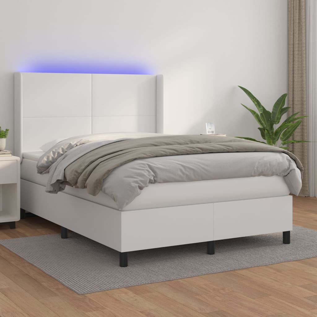 vidaXL Cama box spring colchón y LED cuero sintético blanco 140x200 cm