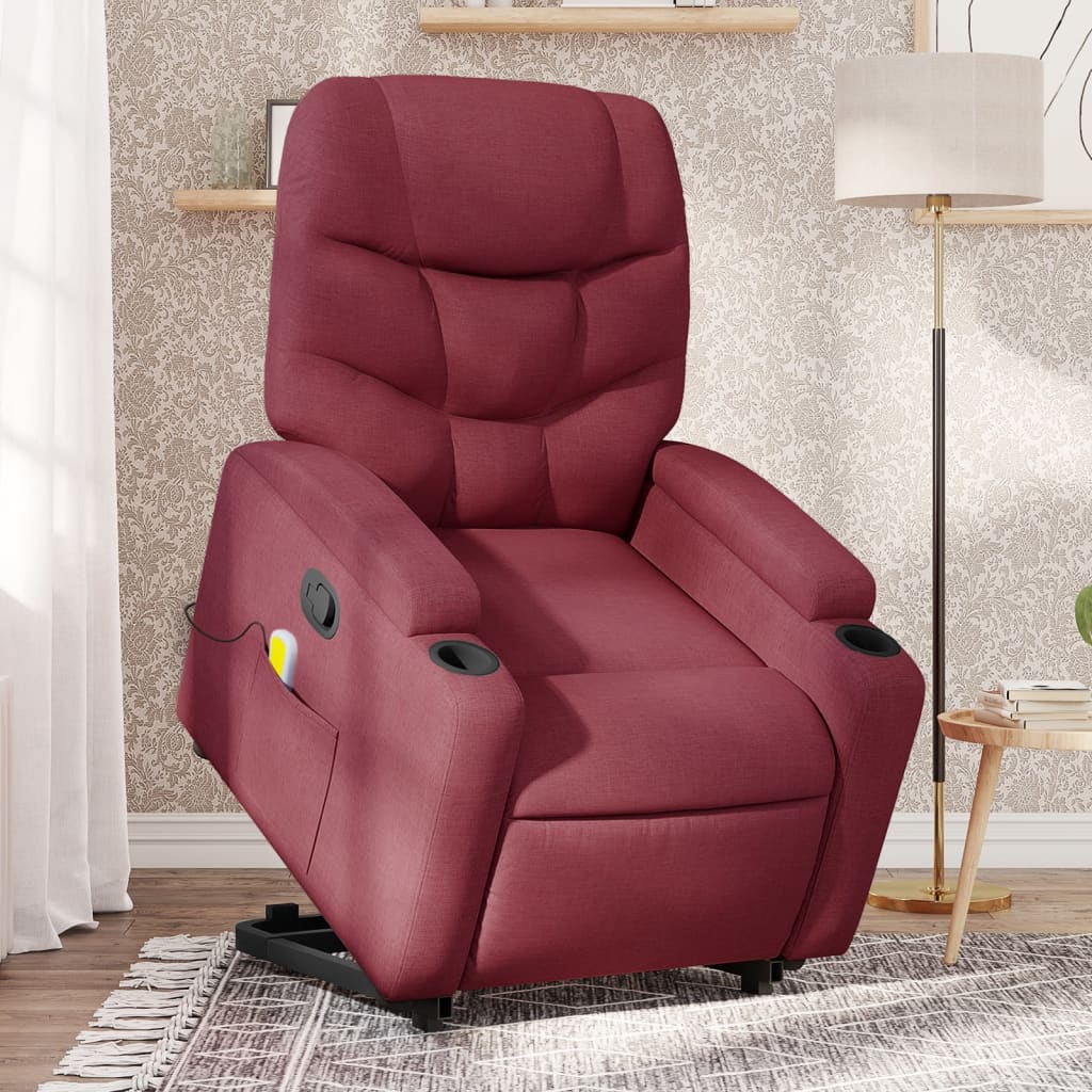 vidaXL Sillón reclinable de masaje elevable tela rojo tinto