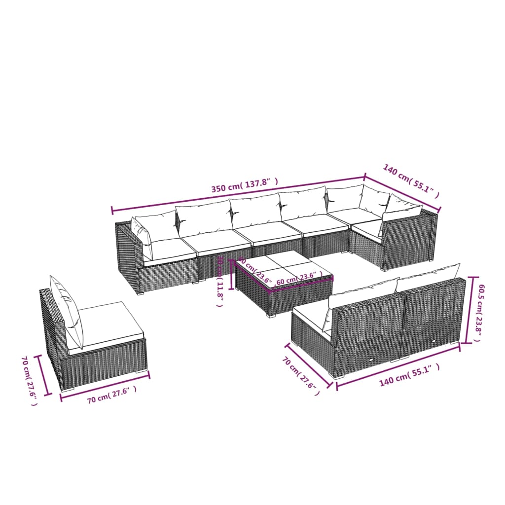 vidaXL Set de muebles de jardín 10 pzas cojines ratán sintético negro