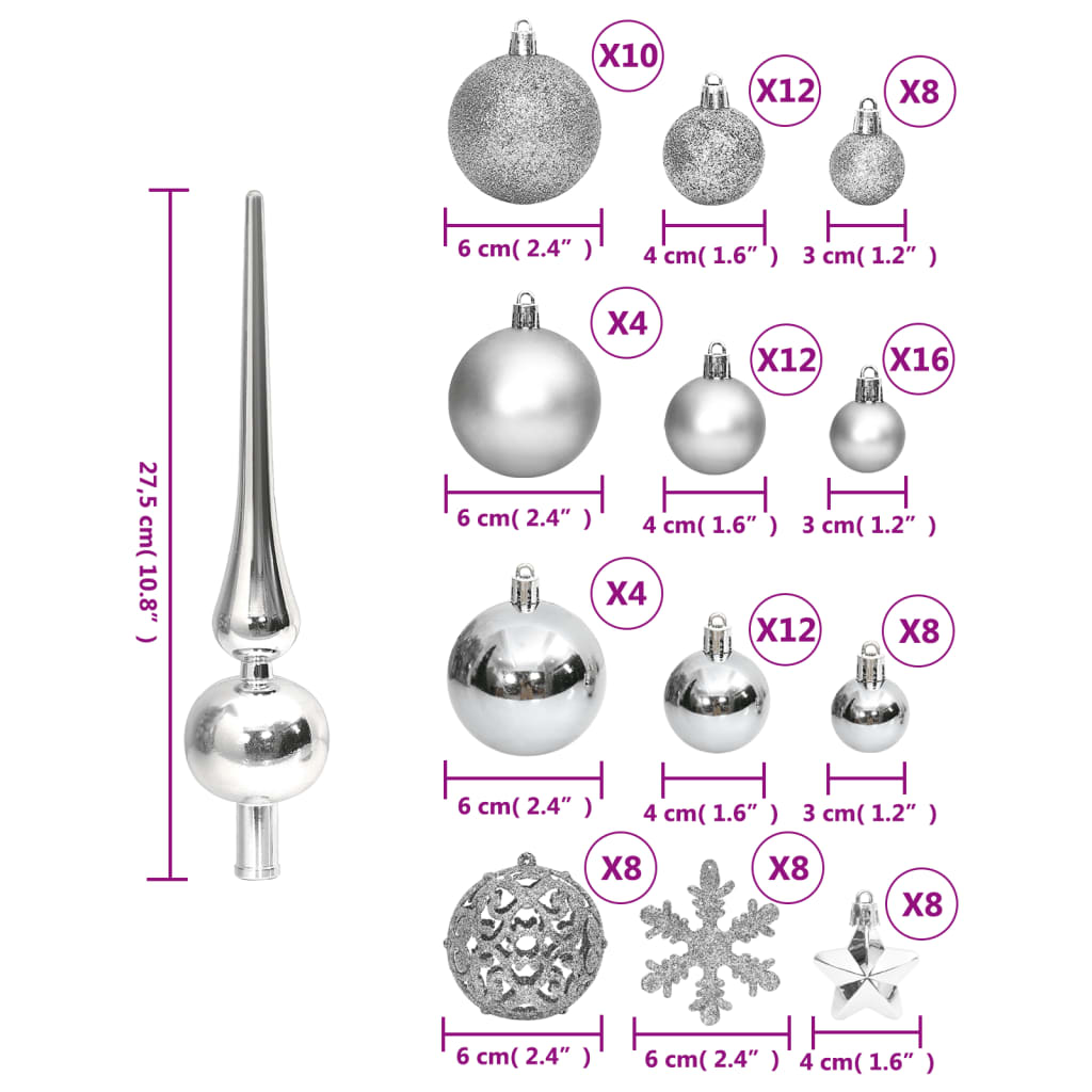 vidaXL Juego de bolas de Navidad 111 pzas poliestireno plateado