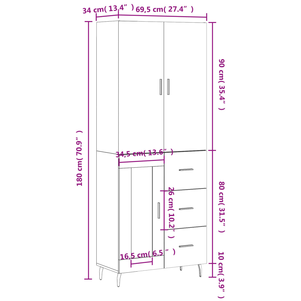 vidaXL Aparador alto madera contrachapada roble ahumado 69,5x34x180 cm