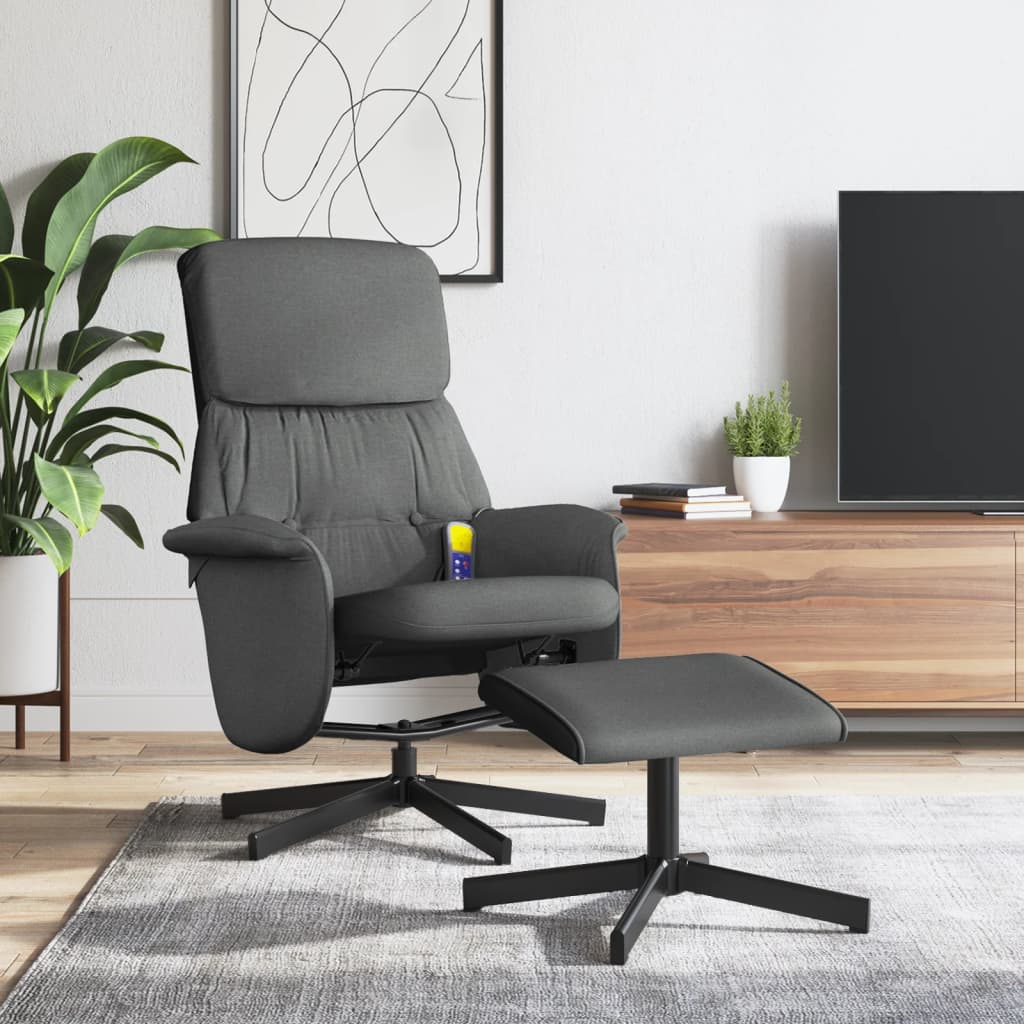 vidaXL Sillón reclinable de masaje con reposapiés tela gris oscuro