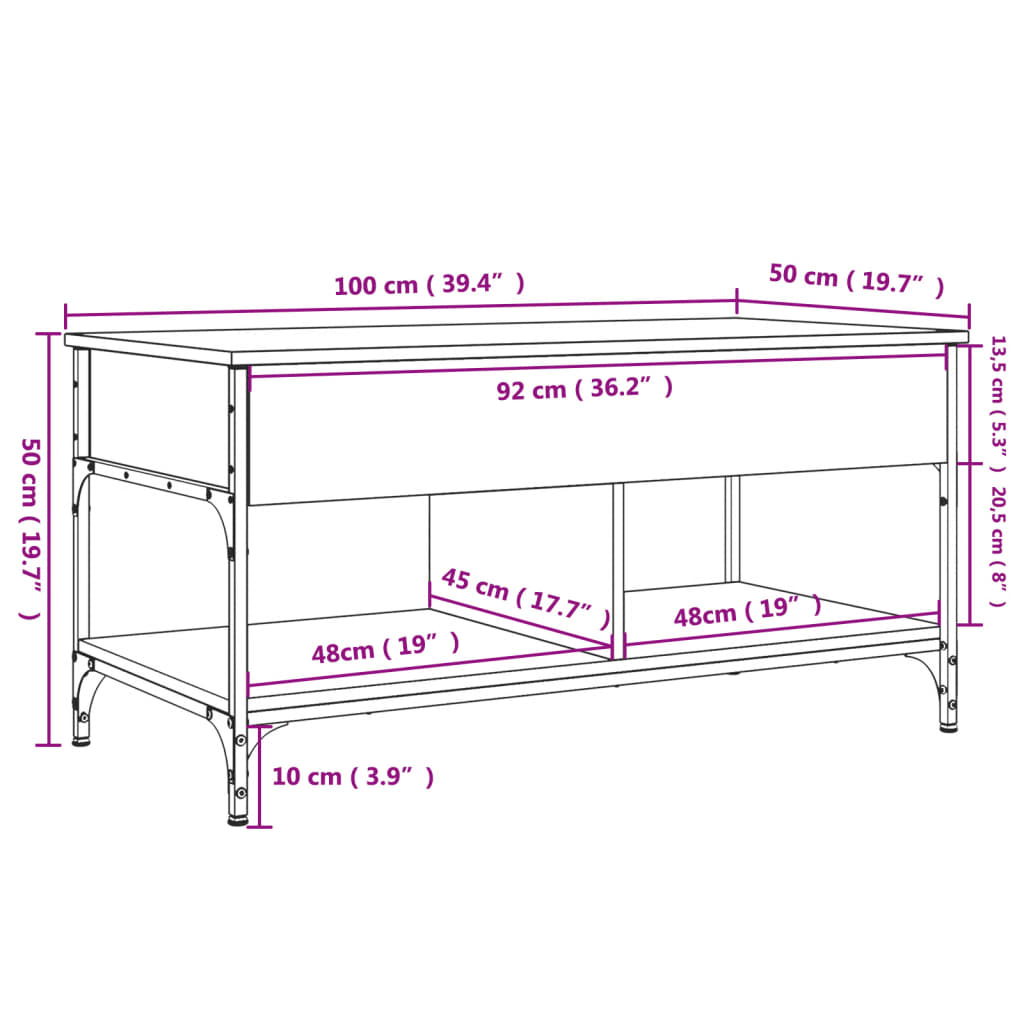 vidaXL Mesa de centro madera de ingeniería y metal negro 100x50x50 cm