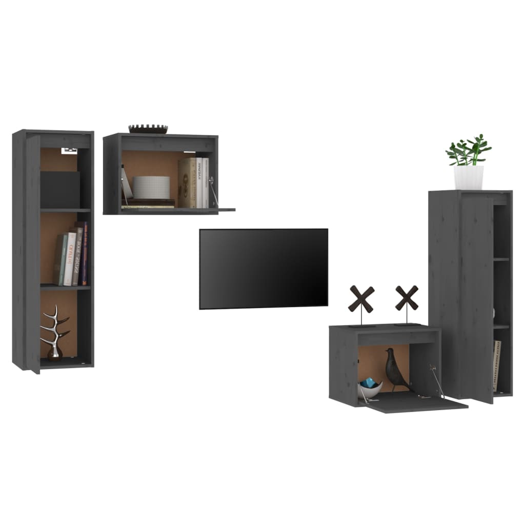 vidaXL Muebles para TV 4 piezas madera maciza de pino gris