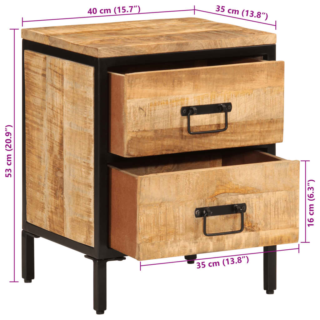 vidaXL Mesita de noche 2 cajones madera maciza mango rugosa 40x35x53cm