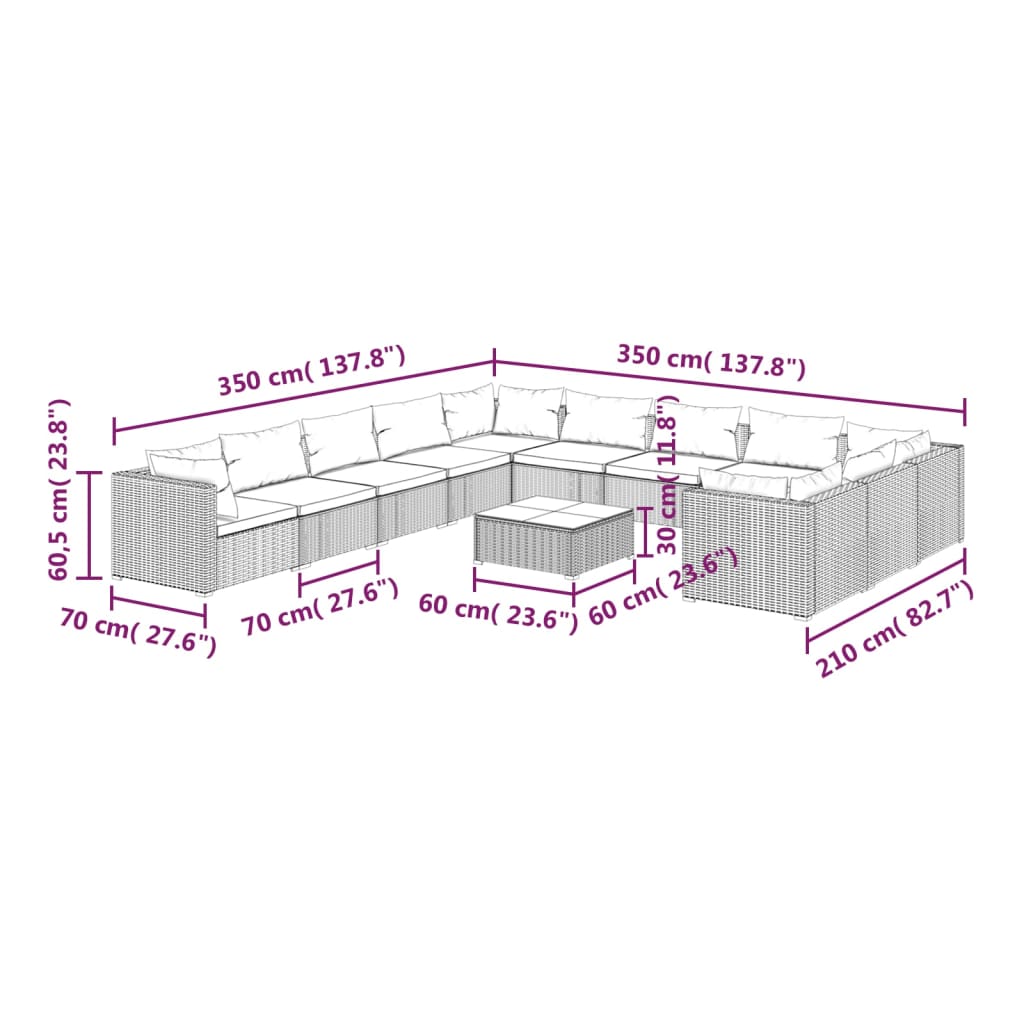 vidaXL Set de muebles de jardín 12 pzas cojines ratán sintético negro